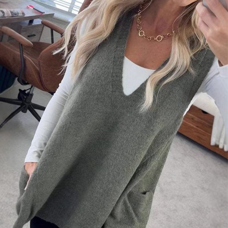 Women's Loose Fit V-Neck Knit Vest with Pockets