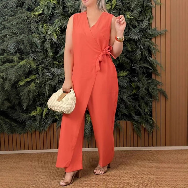 Thandi | Relaxed Solid V-Neck Jumpsuit with Tie