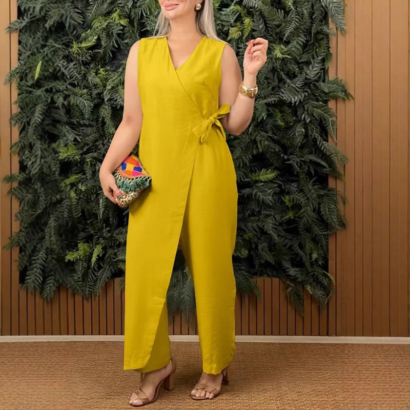 Thandi | Relaxed Solid V-Neck Jumpsuit with Tie
