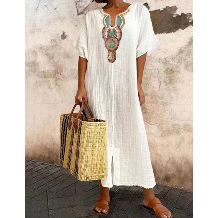 Margaret | Embroidered Linen Split Dress