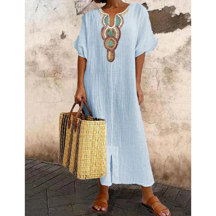 Margaret | Embroidered Linen Split Dress