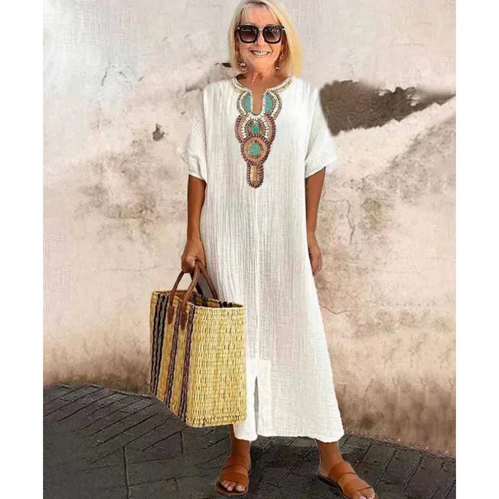 Margaret | Embroidered Linen Split Dress