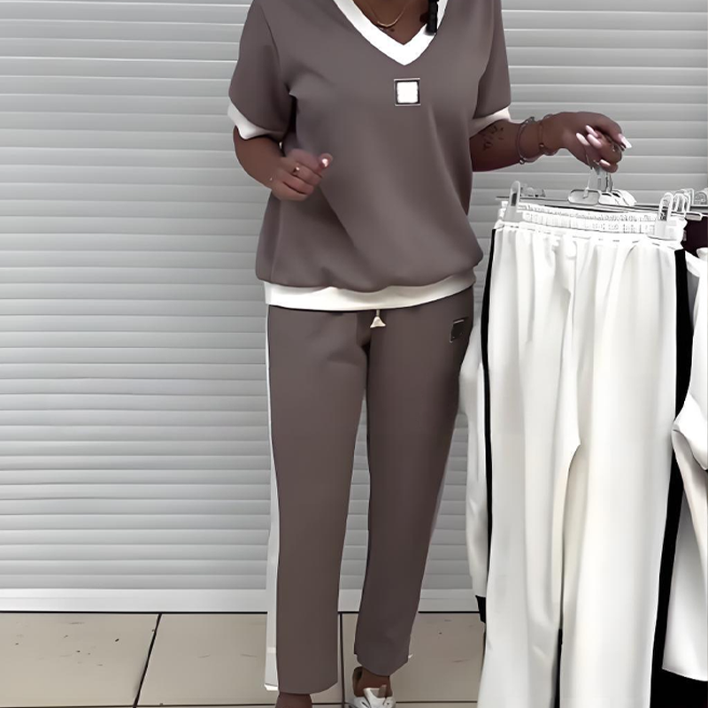 Women's Casual V-Neck Pants and Top Set