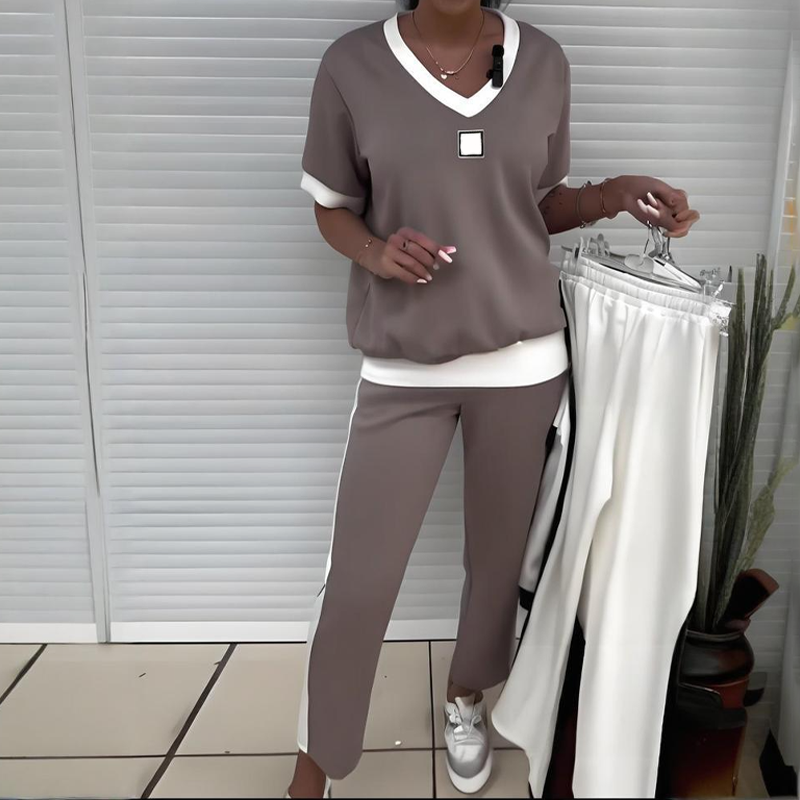 Women's Casual V-Neck Pants and Top Set
