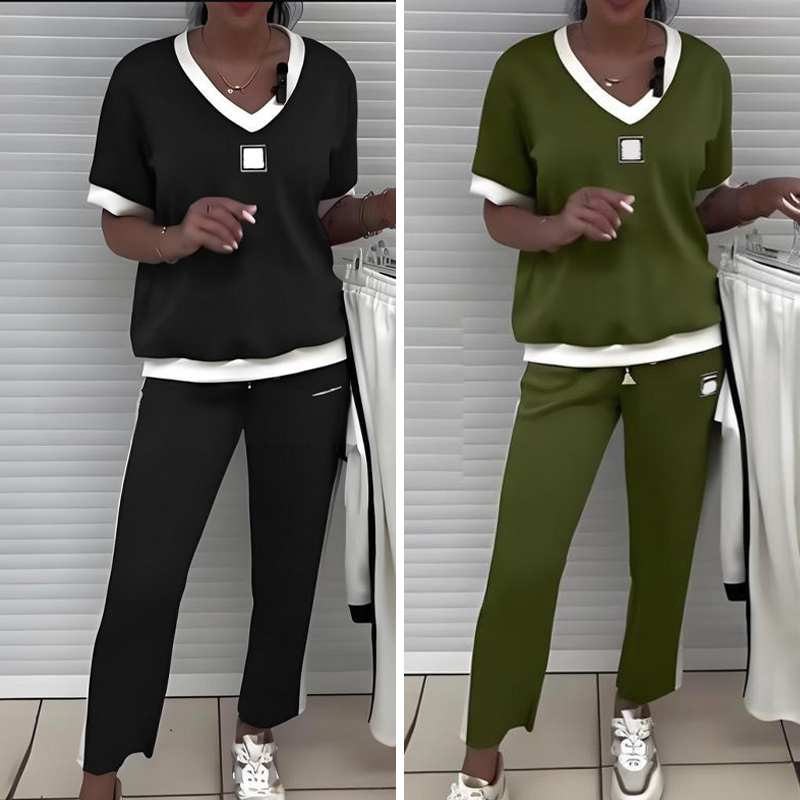 Women's Casual V-Neck Pants and Top Set