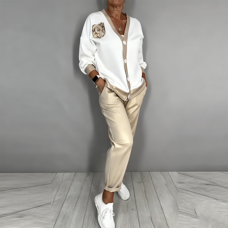 Women's 2-Piece Set Casual V-neck Top and High-Waisted Pants