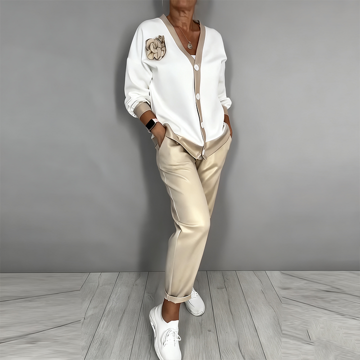 Women's 2-Piece Set Casual V-neck Top and High-Waisted Pants