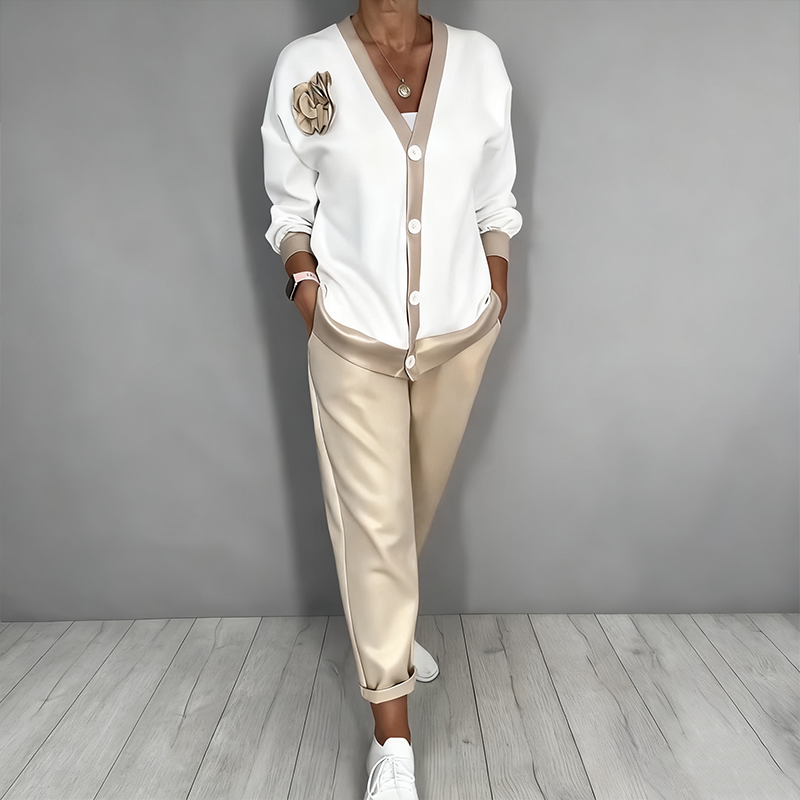 Women's 2-Piece Set Casual V-neck Top and High-Waisted Pants
