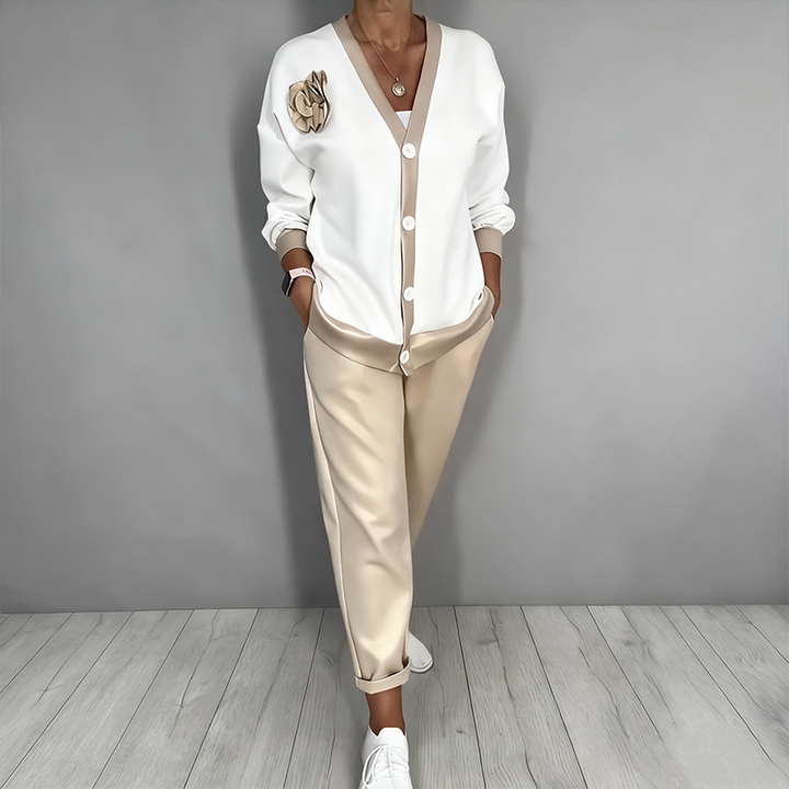 Women's 2-Piece Set Casual V-neck Top and High-Waisted Pants