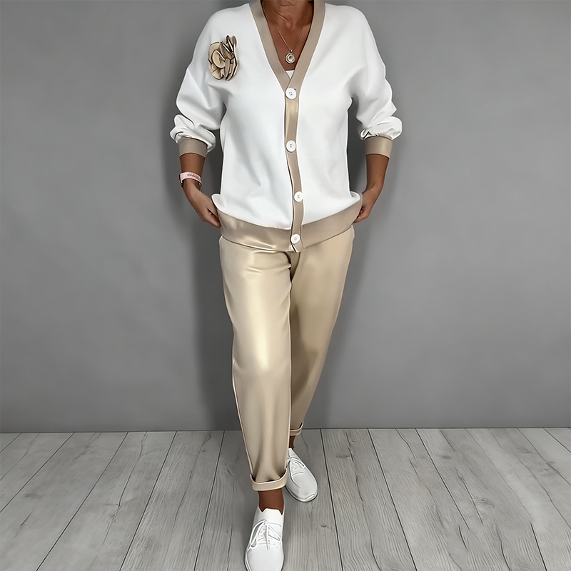Women's 2-Piece Set Casual V-neck Top and High-Waisted Pants