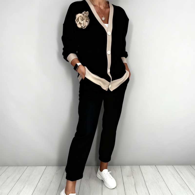 Women's 2-Piece Set Casual V-neck Top and High-Waisted Pants