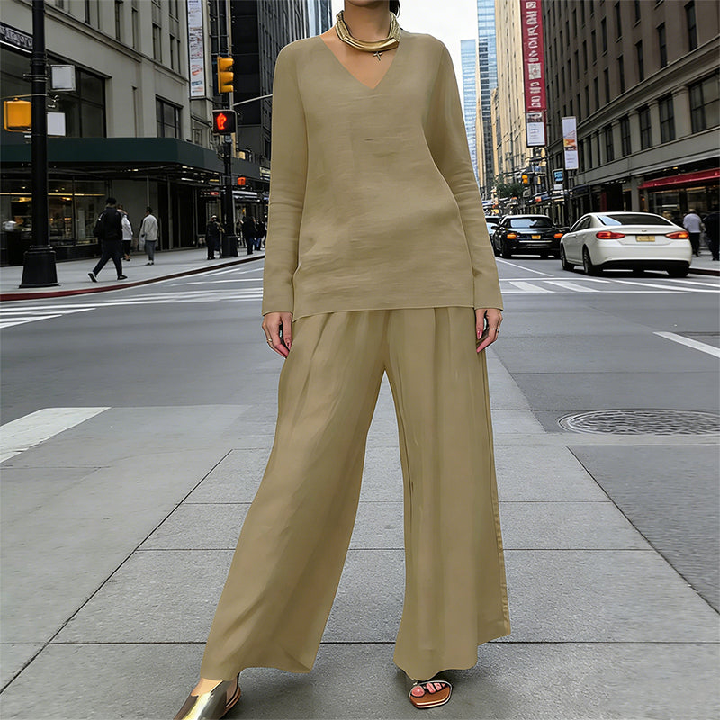 Women's V-Neck Lounge Set with Wide-Leg Pants