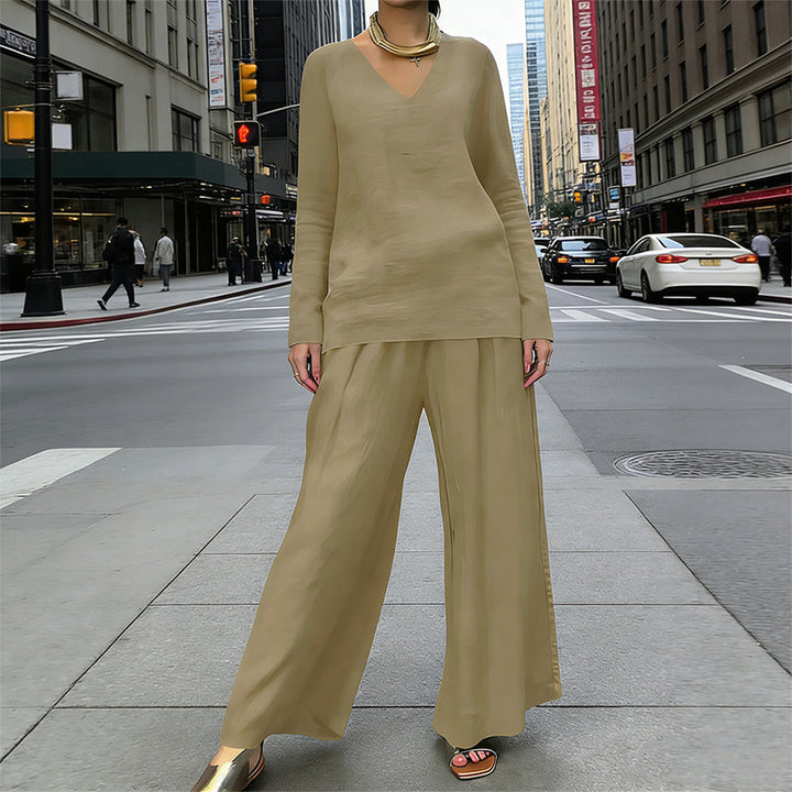 Women's V-Neck Lounge Set with Wide-Leg Pants