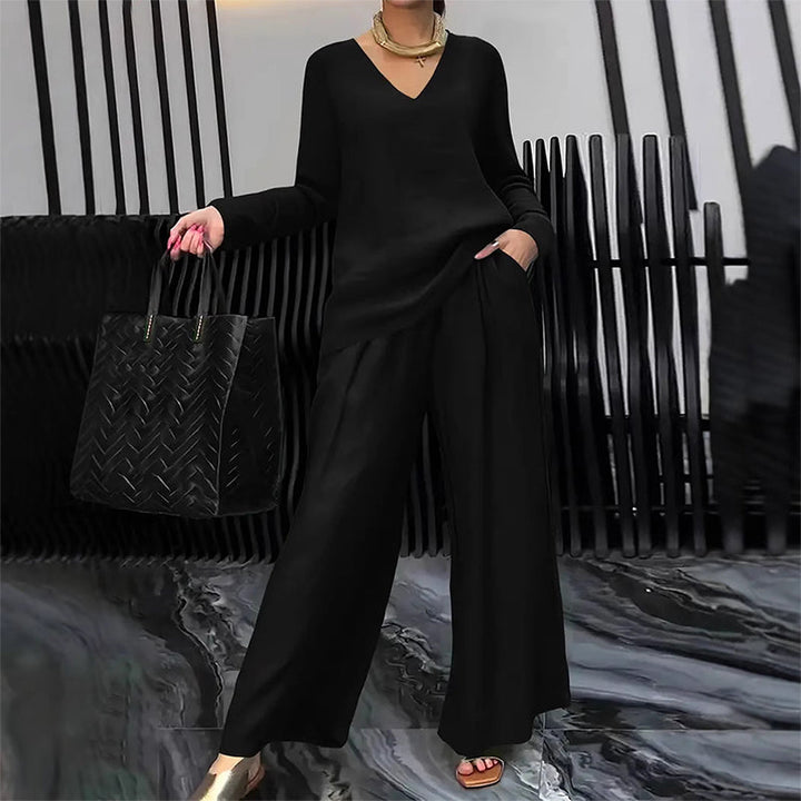 Women's V-Neck Lounge Set with Wide-Leg Pants