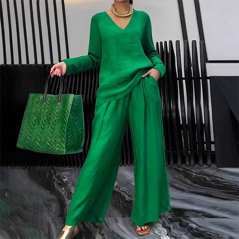 Women's V-Neck Lounge Set with Wide-Leg Pants