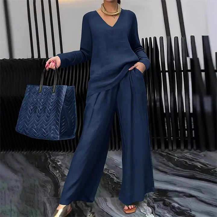Women's V-Neck Lounge Set with Wide-Leg Pants