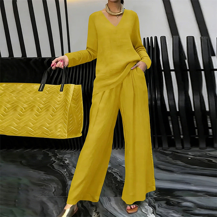 Women's V-Neck Lounge Set with Wide-Leg Pants
