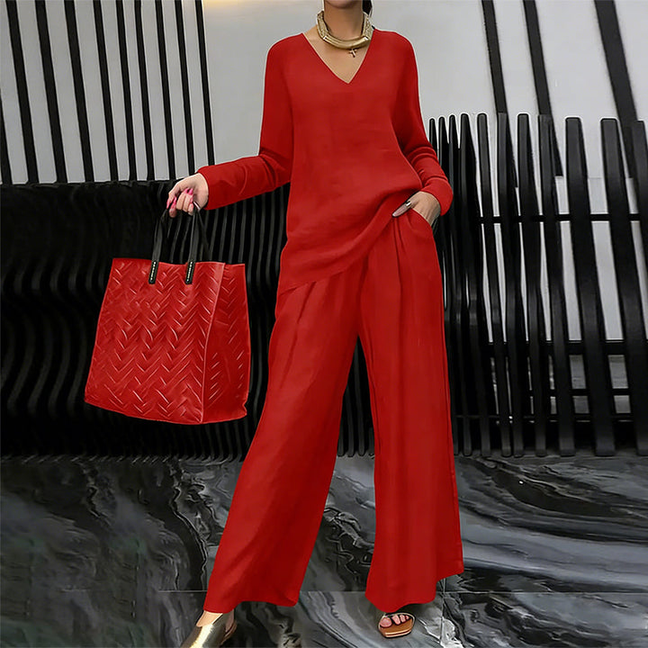 Women's V-Neck Lounge Set with Wide-Leg Pants