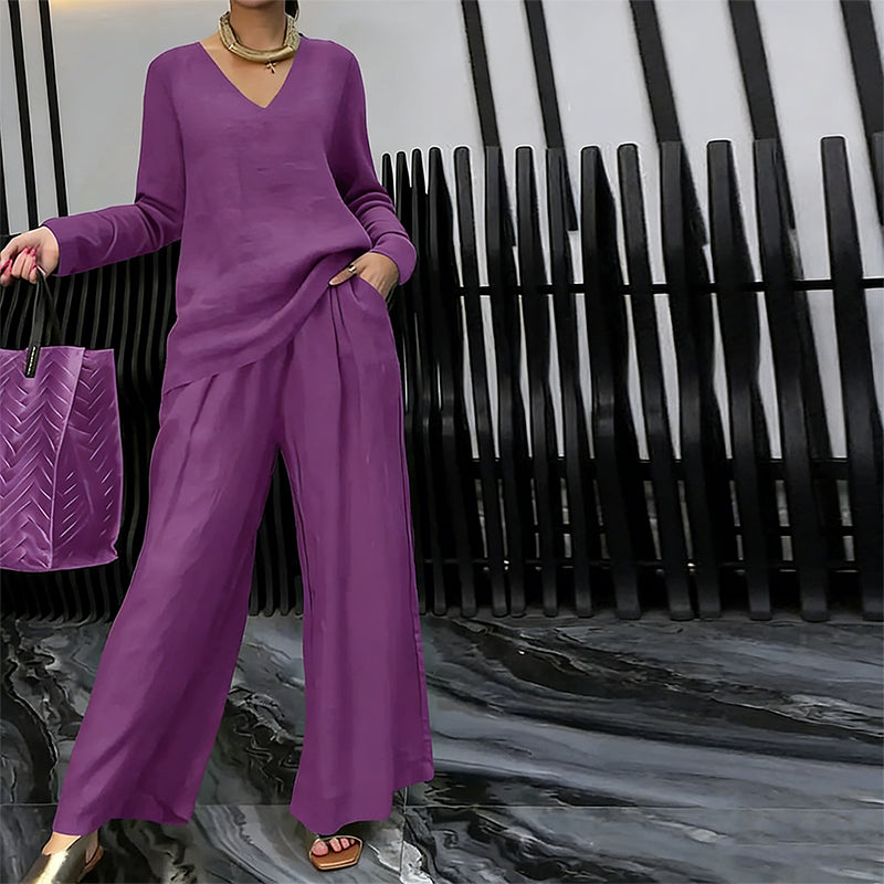 Women's V-Neck Lounge Set with Wide-Leg Pants