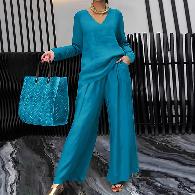 Women's V-Neck Lounge Set with Wide-Leg Pants