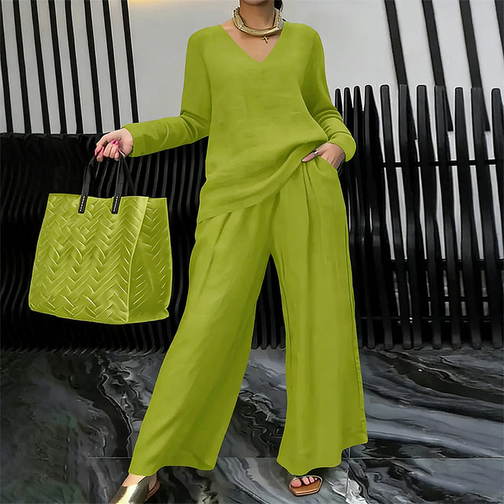 Women's V-Neck Lounge Set with Wide-Leg Pants