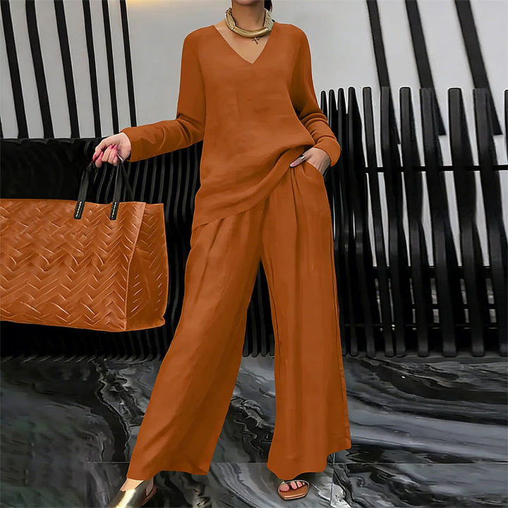 Women's V-Neck Lounge Set with Wide-Leg Pants