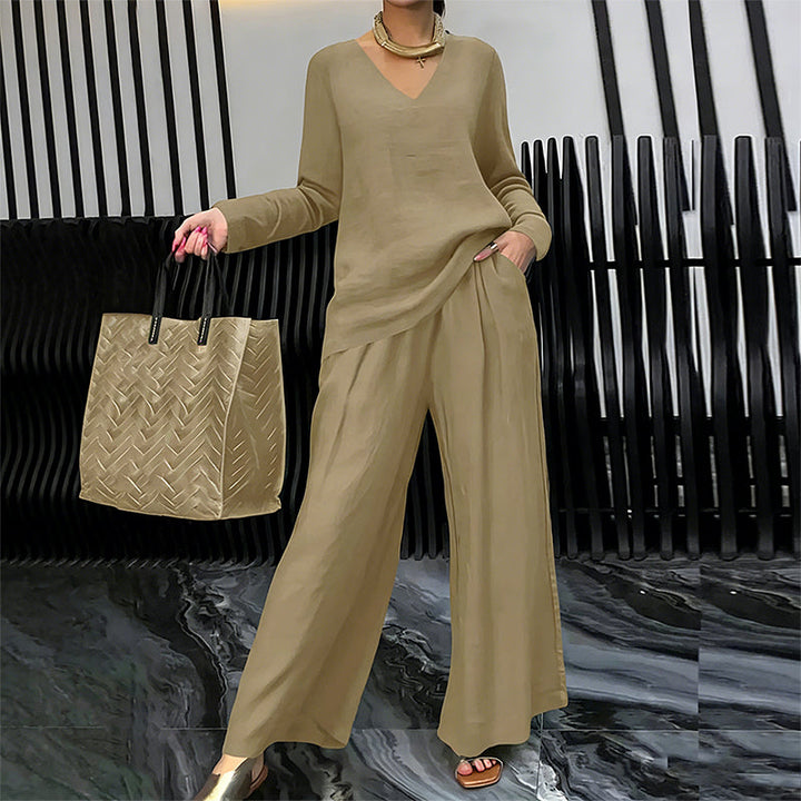 Women's V-Neck Lounge Set with Wide-Leg Pants