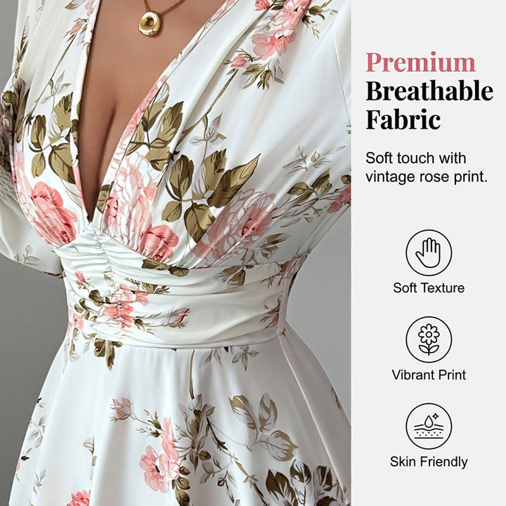 Women's Vintage Rose Print V-Neck Maxi Dress