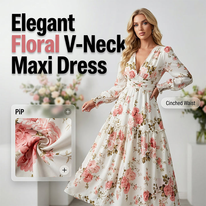 Women's Vintage Rose Print V-Neck Maxi Dress