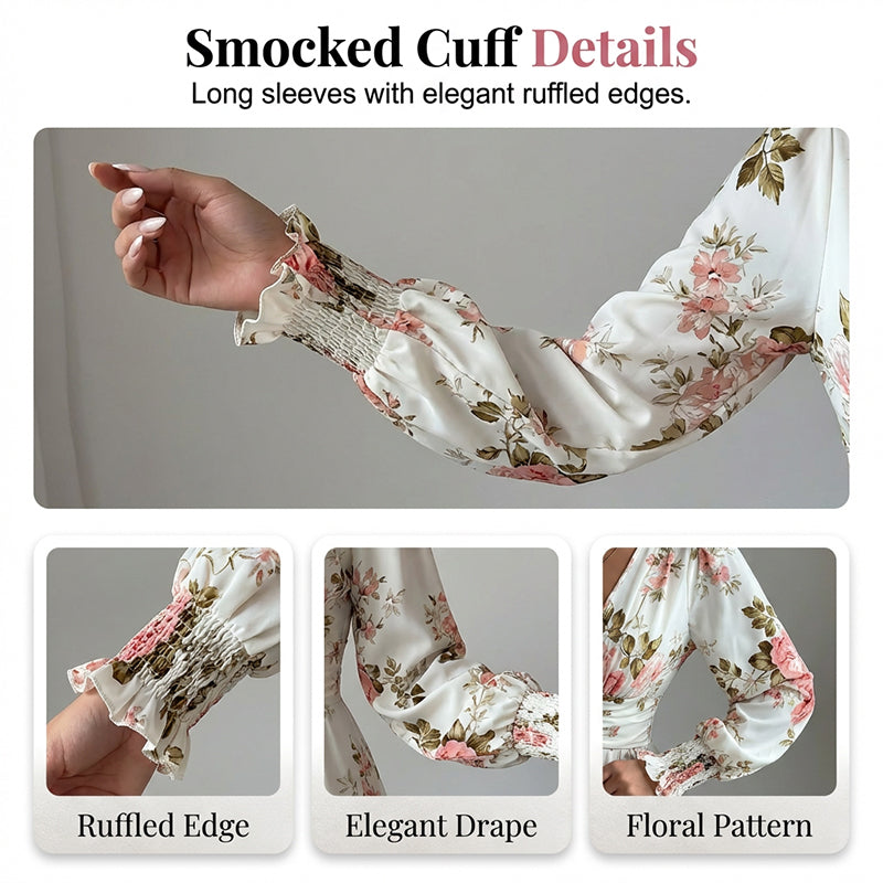 Women's Vintage Rose Print V-Neck Maxi Dress