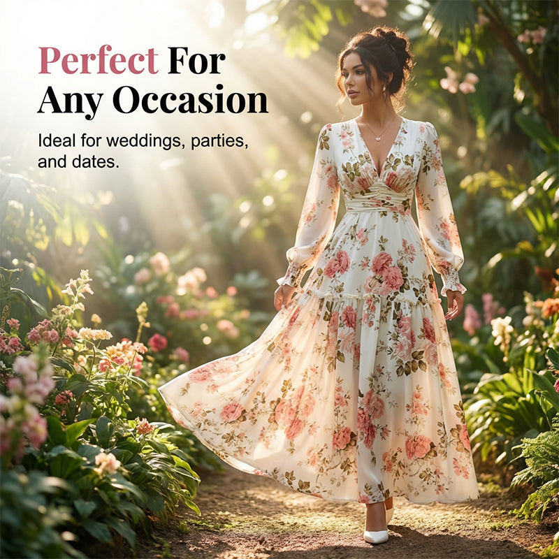 Women's Vintage Rose Print V-Neck Maxi Dress