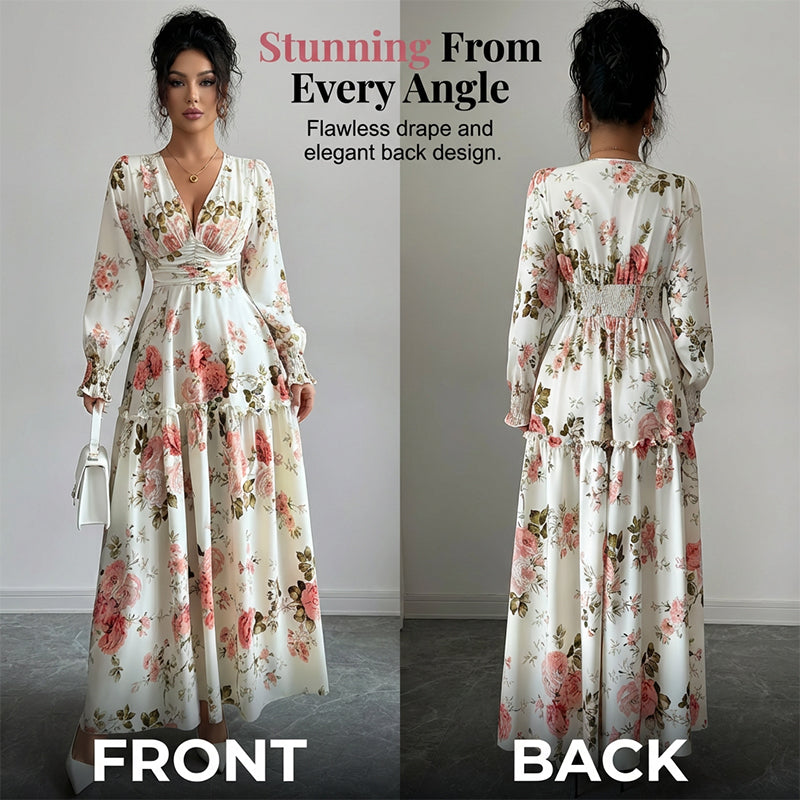 Women's Vintage Rose Print V-Neck Maxi Dress