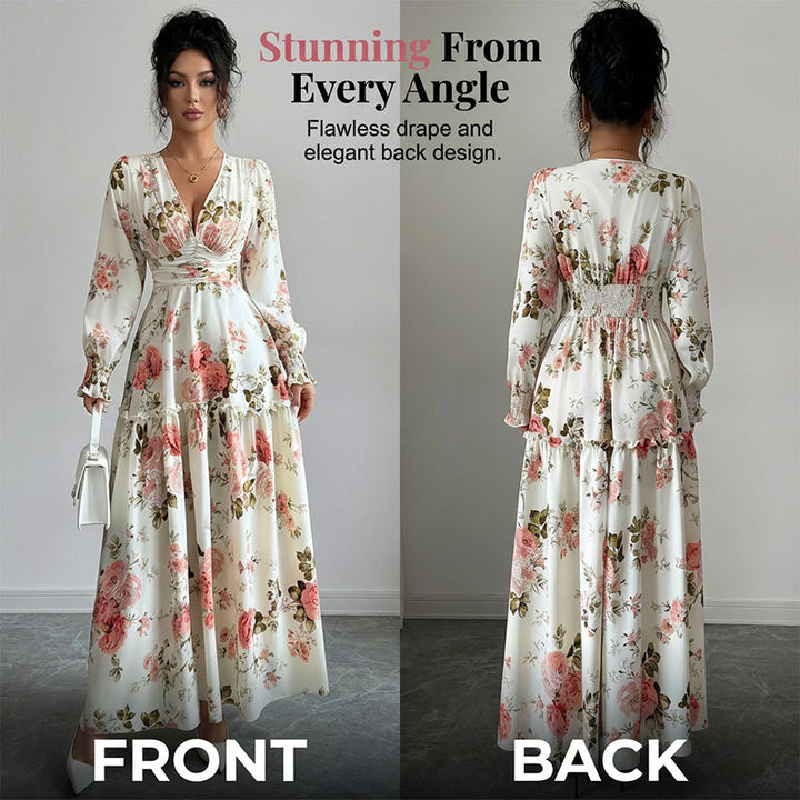 Women's Vintage Rose Print V-Neck Maxi Dress