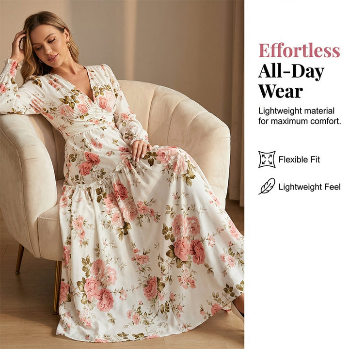Women's Vintage Rose Print V-Neck Maxi Dress