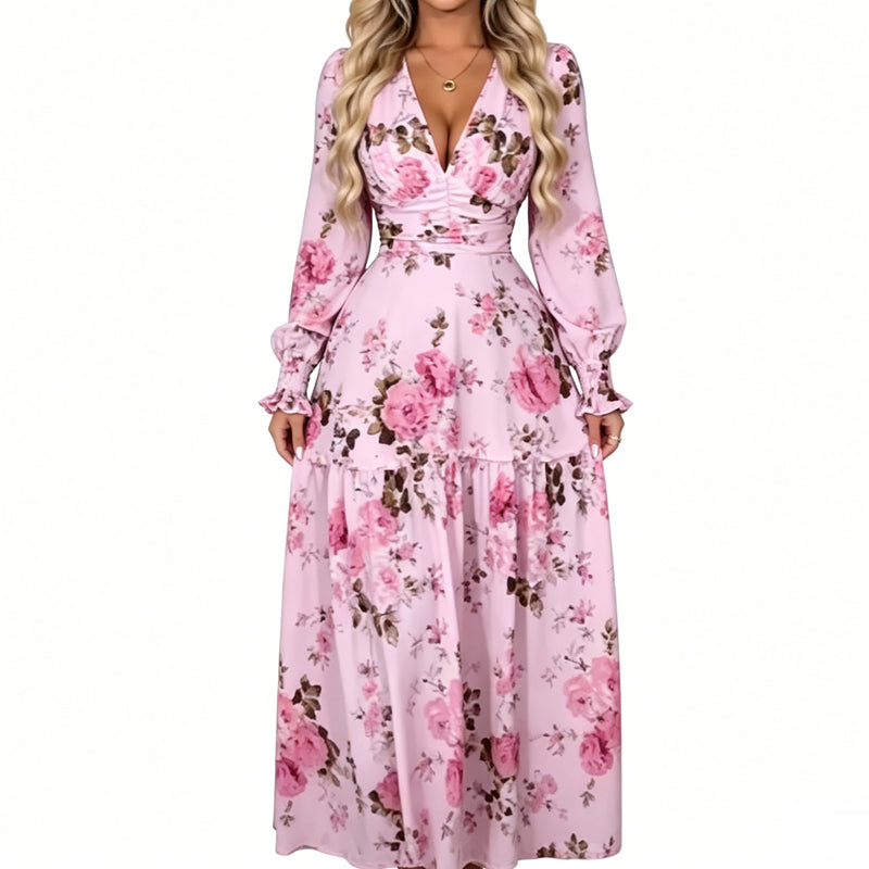 Women's Vintage Rose Print V-Neck Maxi Dress