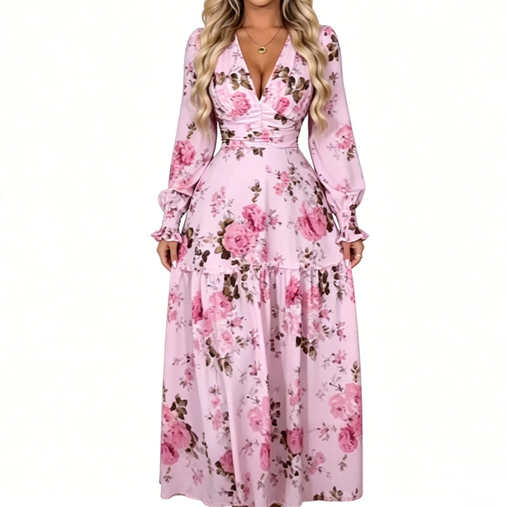 Women's Vintage Rose Print V-Neck Maxi Dress
