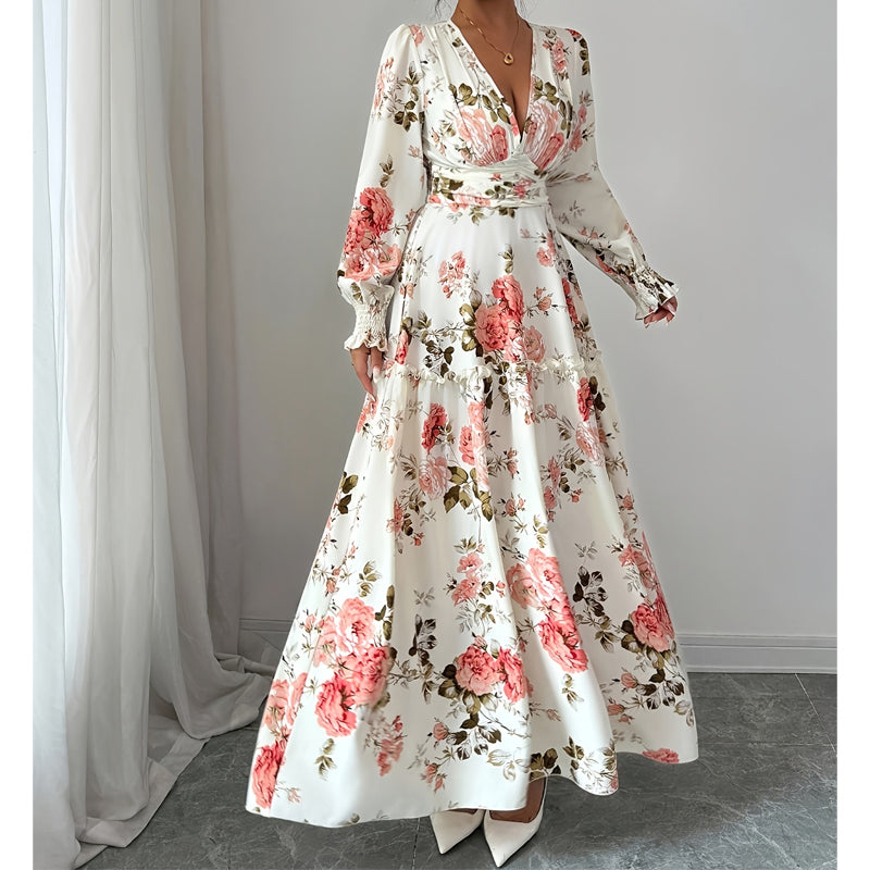 Women's Vintage Rose Print V-Neck Maxi Dress
