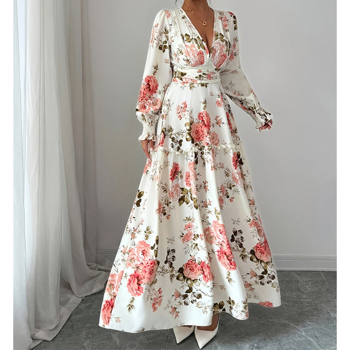 Women's Vintage Rose Print V-Neck Maxi Dress